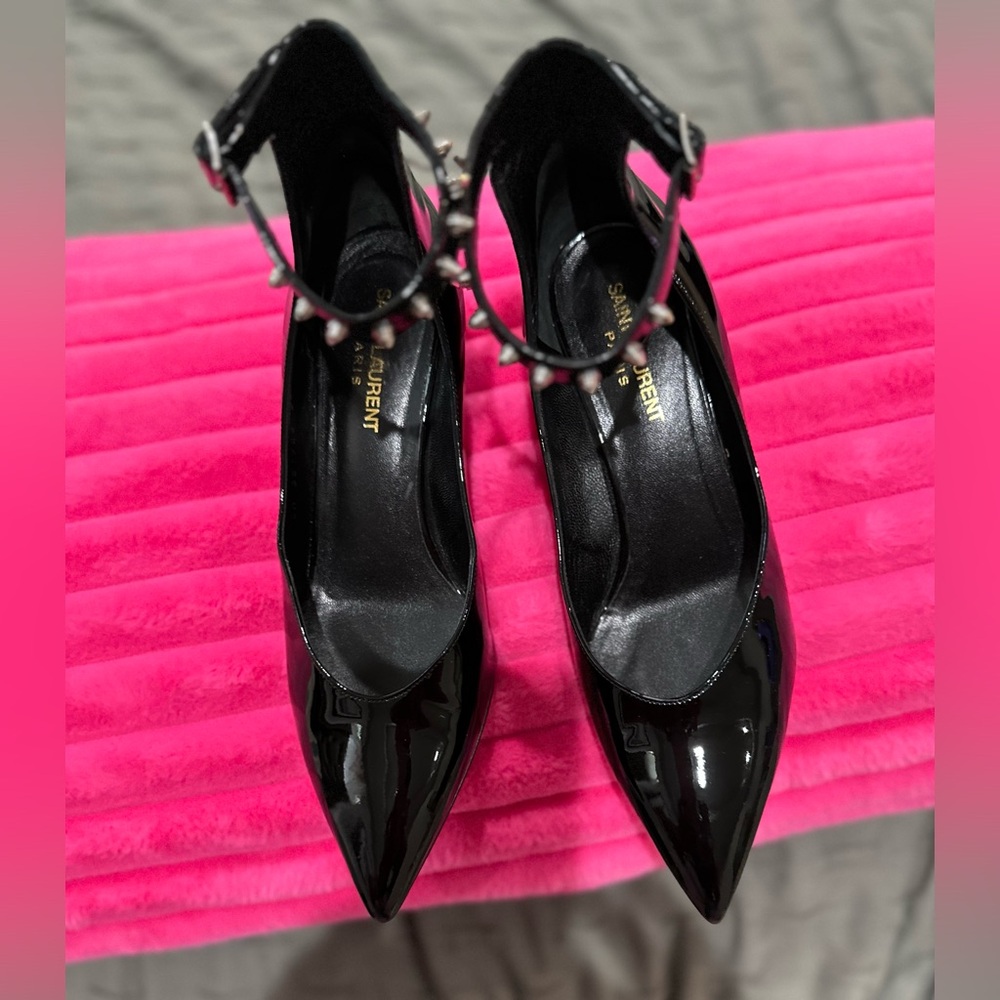 Authentic Saint Laurent Black Kitten 50 studded ankle pointed toe heel.